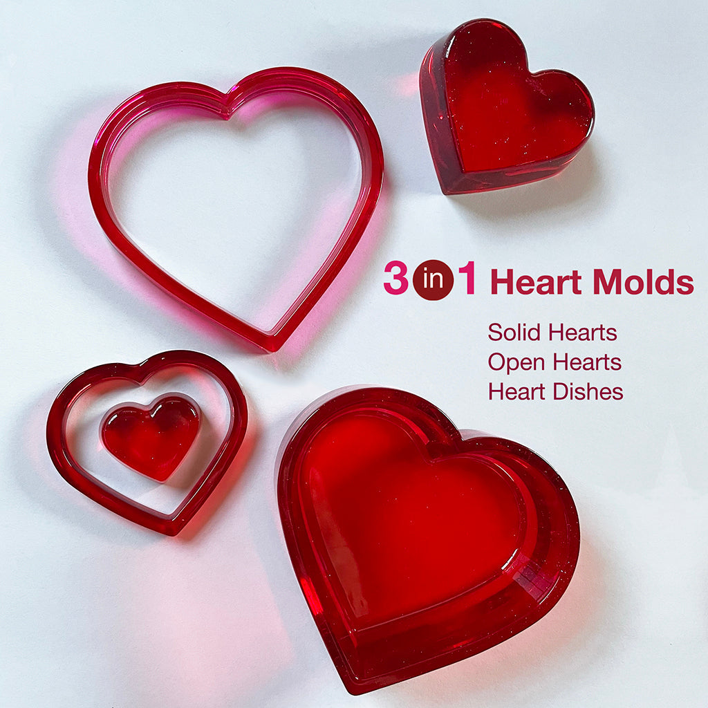 3-in-1 Heart Molds Set (super shiny silicone, make solid hearts, open hearts, and heart dishes in 4 sizes)