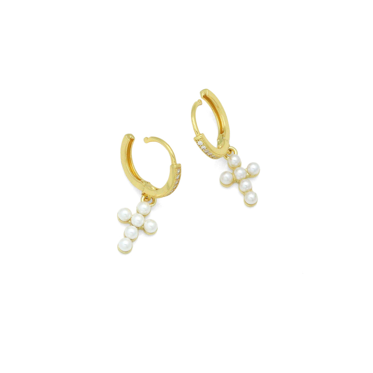 Dainty Pearl Cross Pendant with CZ Hoop Dangle Earrings, Sku#EF833