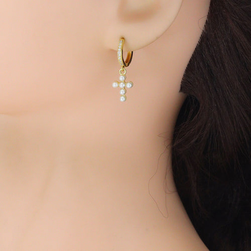 Dainty Pearl Cross Pendant with CZ Hoop Dangle Earrings, Sku#EF833
