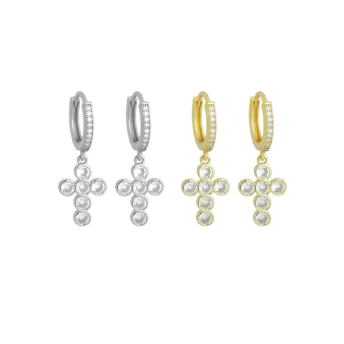 Gold Silver Diamond CZ Dainty Pavé Cross Hoop Earrings, Sku#EF834