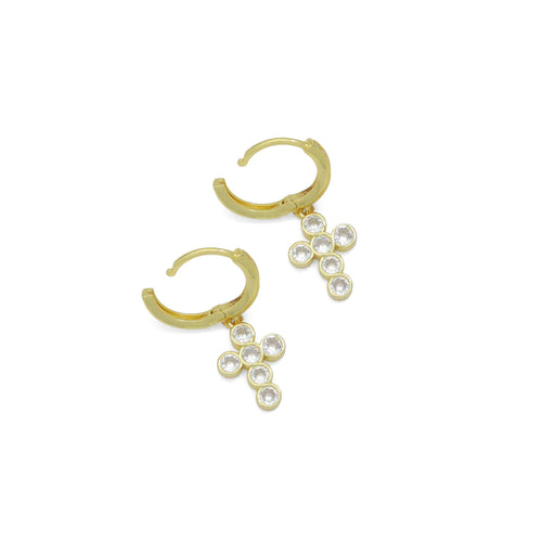 Gold Silver Diamond CZ Dainty Pavé Cross Hoop Earrings, Sku#EF834