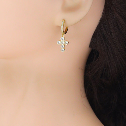 Gold Silver Diamond CZ Dainty Pavé Cross Hoop Earrings, Sku#EF834