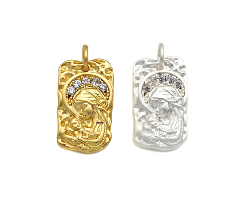 CZ Micro Pave Embossed St Mary On Rectangle Pendant, Matt Gold/Silver Charm, Necklace Bracelet Charm Pendant, 17x10mm, Sku#Y454
