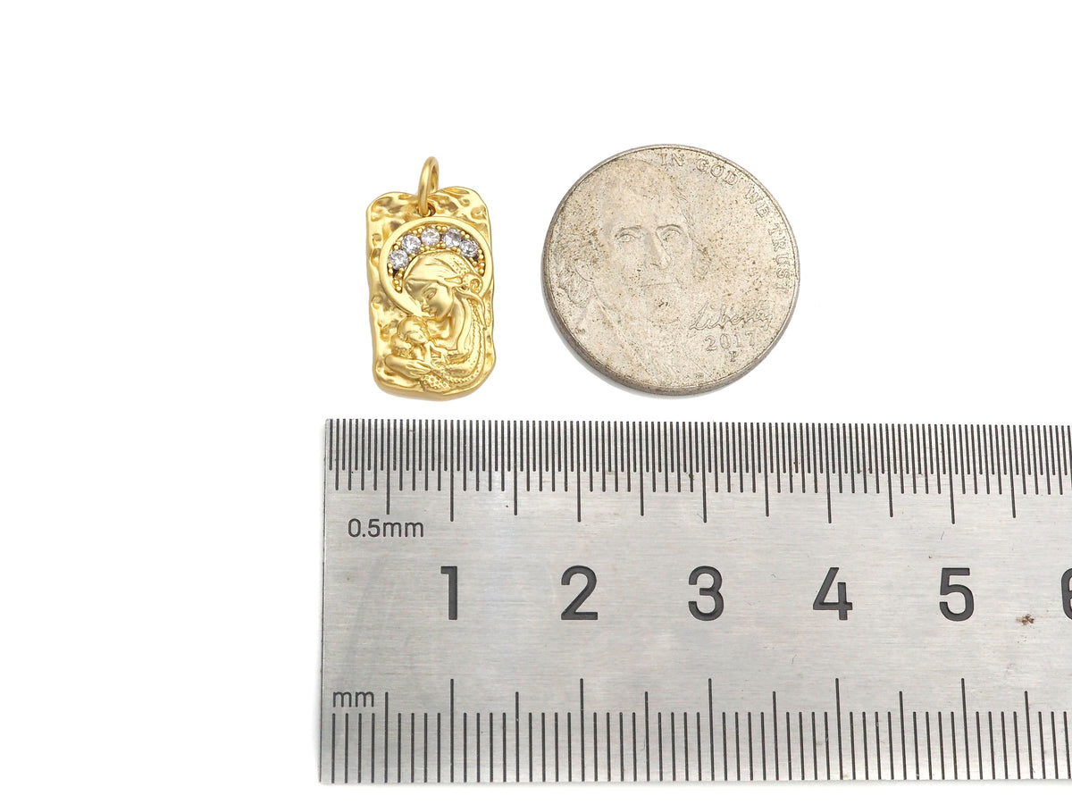 CZ Micro Pave Embossed St Mary On Rectangle Pendant, Matt Gold/Silver Charm, Necklace Bracelet Charm Pendant, 17x10mm, Sku#Y454