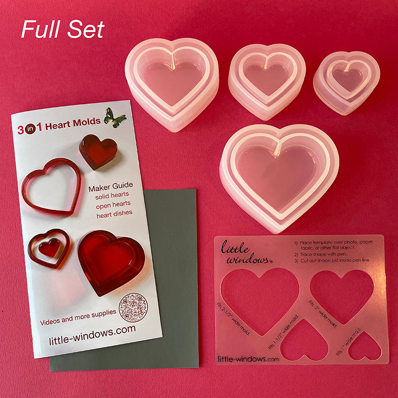 3-in-1 Heart Molds Set  (super shiny silicone, make solid hearts, open hearts, and heart dishes in 4 sizes)