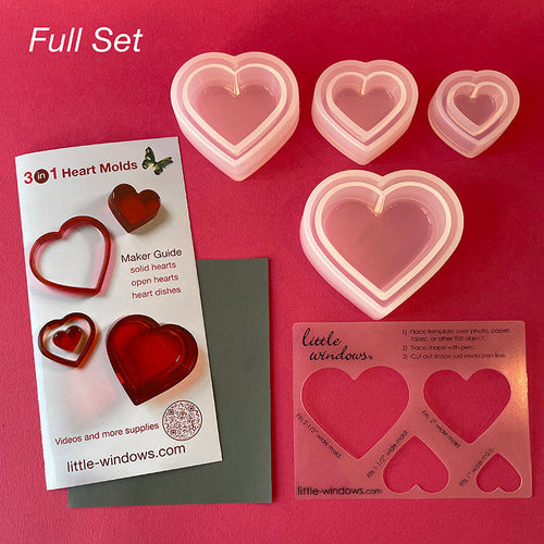 3-in-1 Heart Molds Set  (super shiny silicone, make solid hearts, open hearts, and heart dishes in 4 sizes)