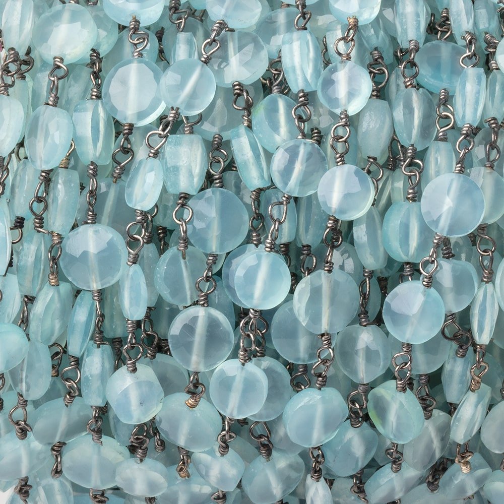 6mm Powder Blue Chalcedony Faceted Coin on Black Gold Plated Chain