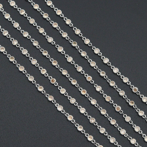 High Quality Champagne Color CZ Beaded Chain Gold Silver Bezel Chain, skuA450