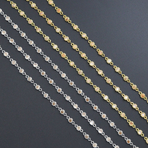 High Quality Champagne Color CZ Beaded Chain Gold Silver Bezel Chain, skuA450