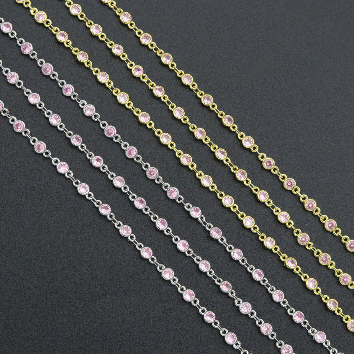 High Quality 1 Foot/Yard-Pink CZ Beaded Chain-4mm Cubic Zironia Bezel Chain, sku#A516