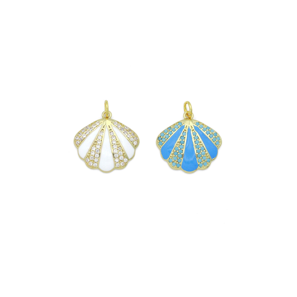 White Blue Enamel  CZ Clam Shell Charm Pendant, Sku#A515