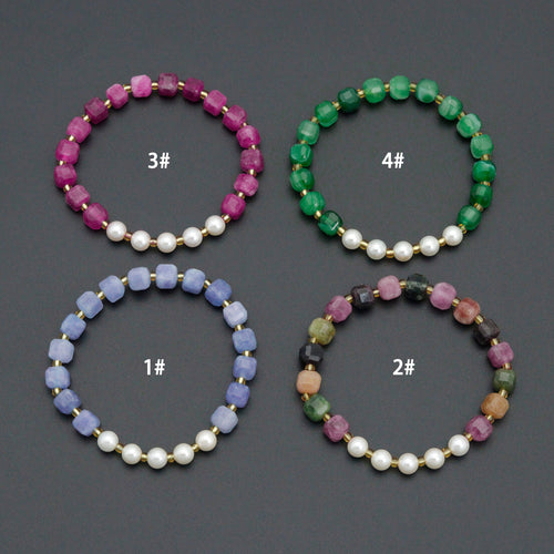 8mm Faceted Cube Jade with MOP Stretchy Bracelet, Sku#EF707-2