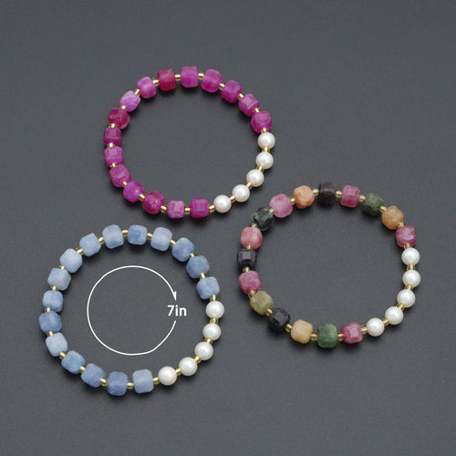 8mm Faceted Cube Jade with MOP Stretchy Bracelet, Sku#EF707-2