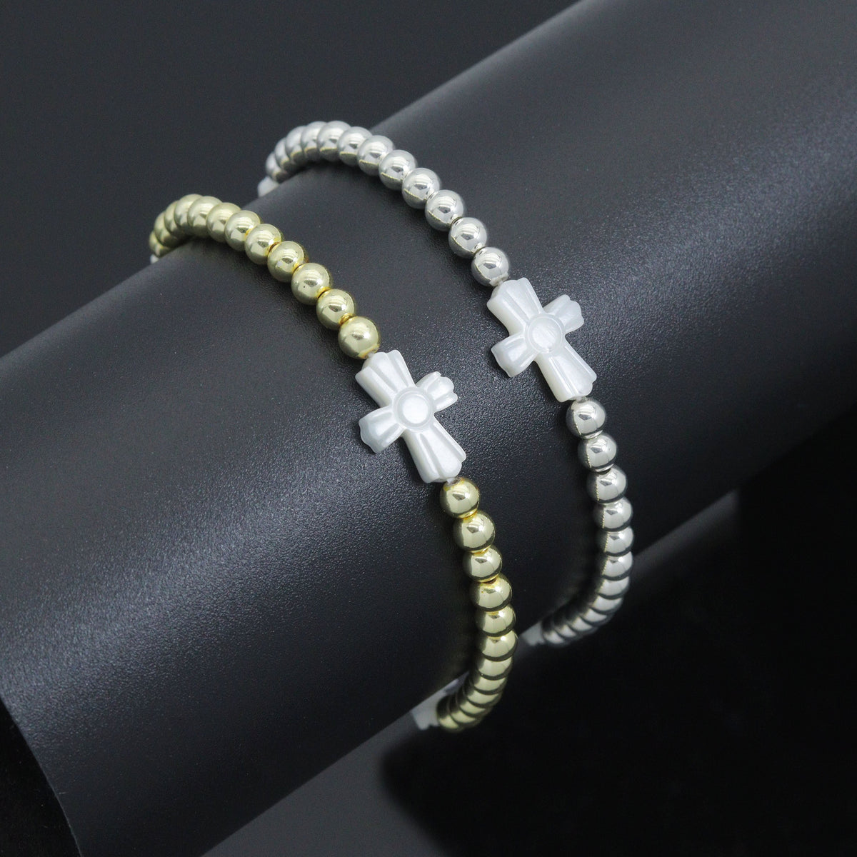 Hematite with curved Mother of Pearl Cross Stretchy Bracelet, Sku#EF777