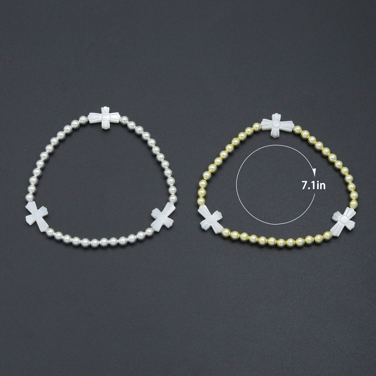 Hematite with curved Mother of Pearl Cross Stretchy Bracelet, Sku#EF777