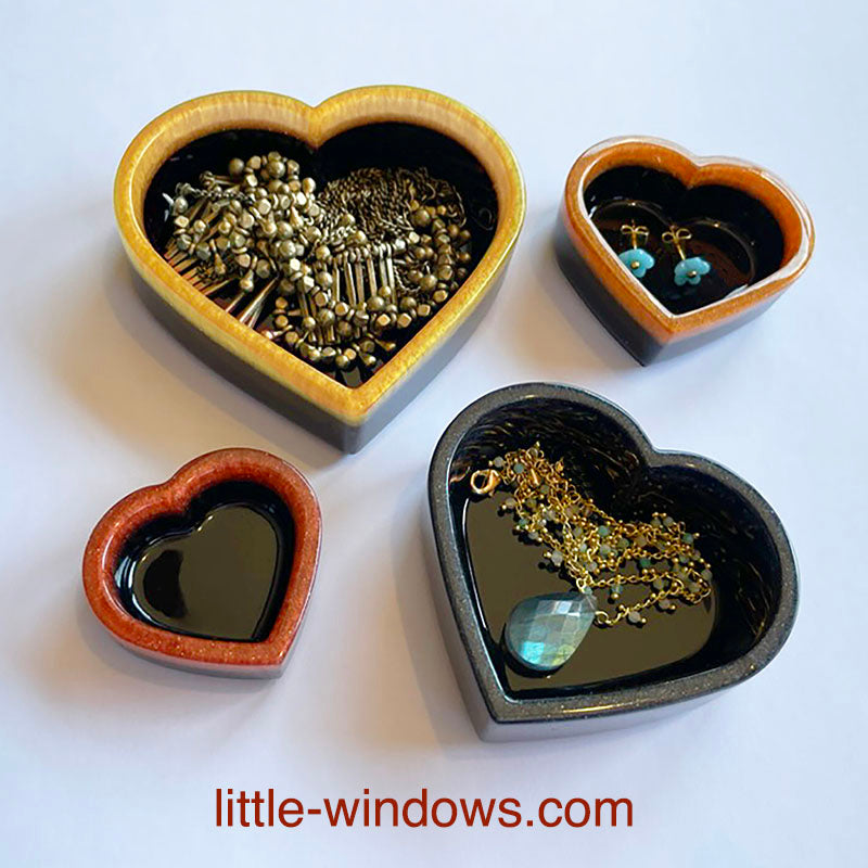 3-in-1 Heart Molds Set  (super shiny silicone, make solid hearts, open hearts, and heart dishes in 4 sizes)