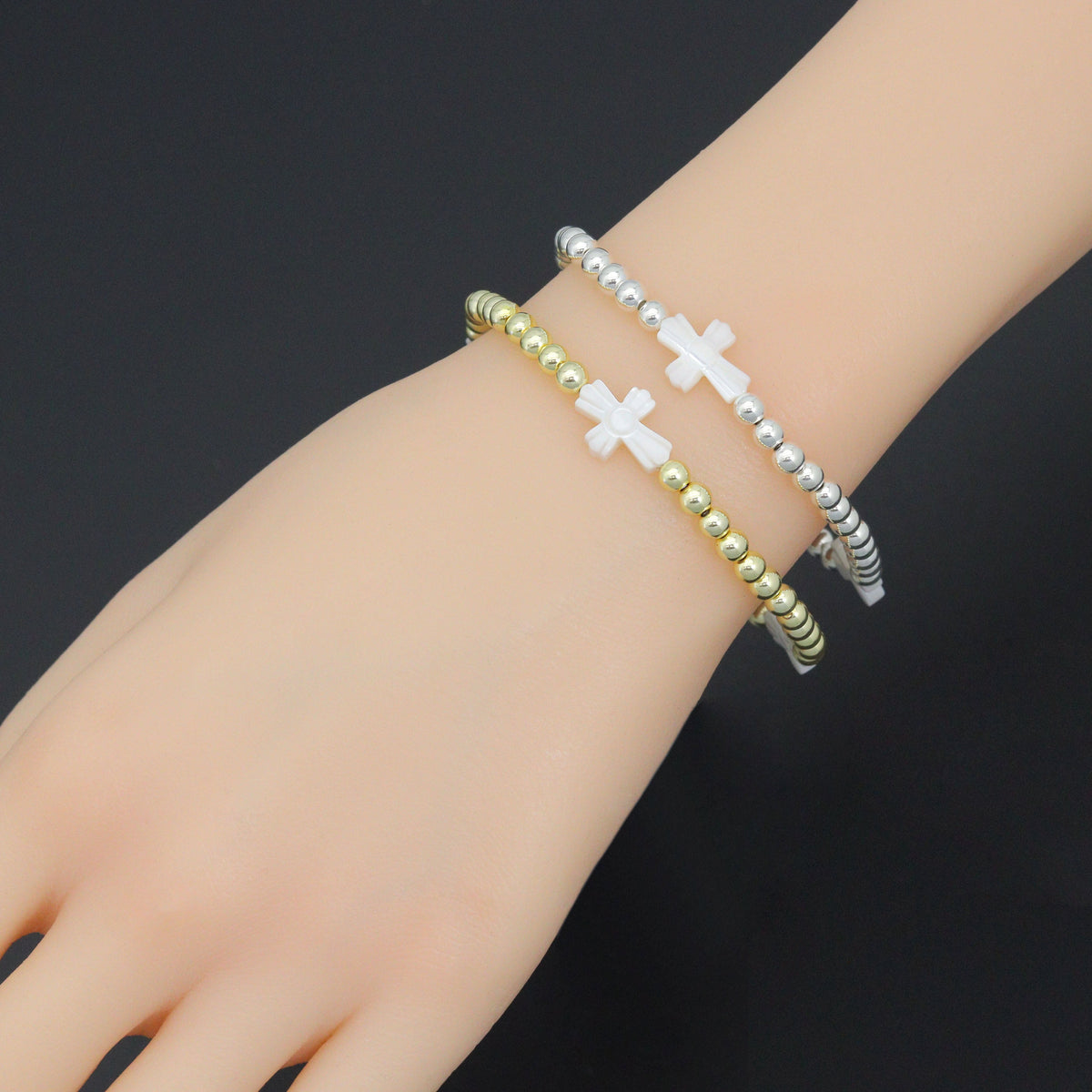Hematite with curved Mother of Pearl Cross Stretchy Bracelet, Sku#EF777