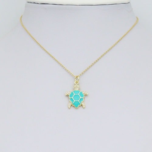 Gold Clear CZ Turquoise Enamel Turtle Tortoise Pendant charm, Sku#LX921