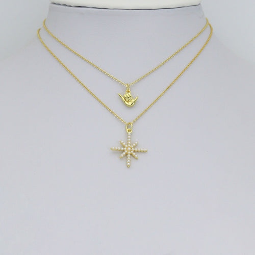 Gold Silver Shaka Hand Gesture Pearl North Star Pendant charm, Sku#A511