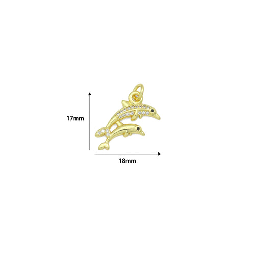Gold Clear CZ Two Dolphins Pendant charm, Sku#LD763