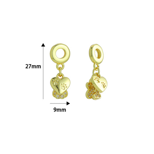 Clear CZ Gold Heart Paw Dog Bone Pendant Large Hole charm, Sku#LD774