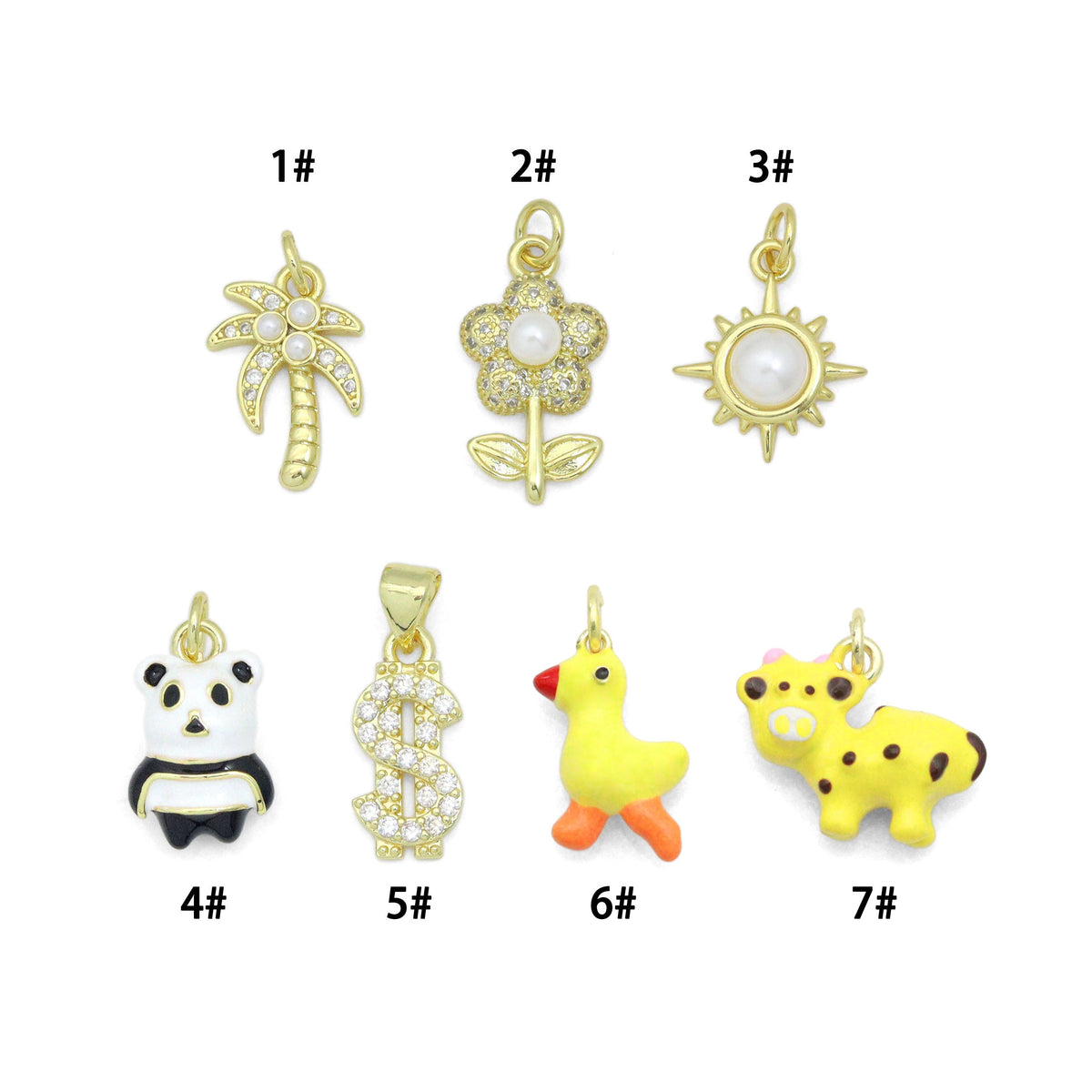 Clear CZ White Pearl Palm Tree, Gold Flower Panda Sun pearl Dollar sign Charm Pendant, Sku#LD775