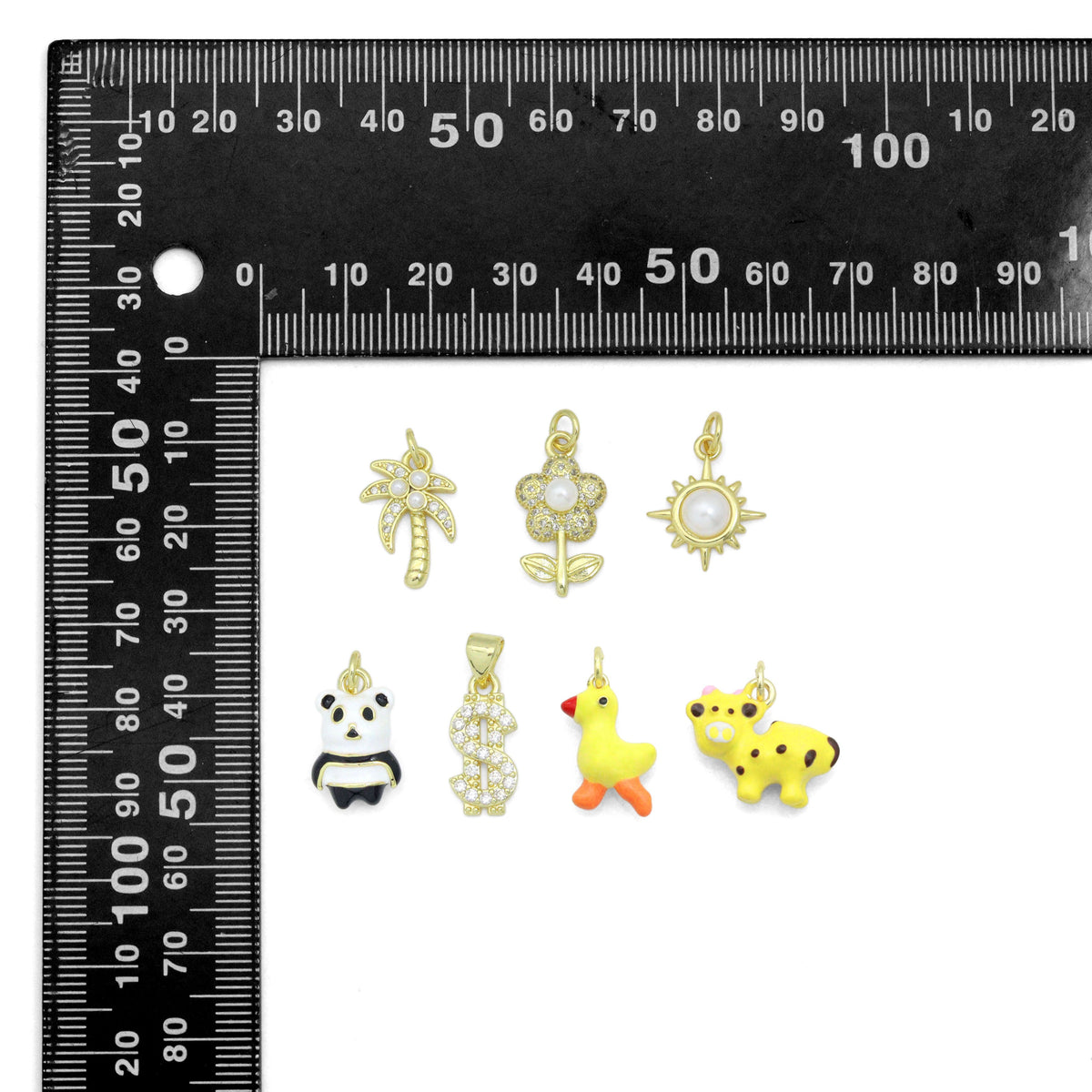 Clear CZ White Pearl Palm Tree, Gold Flower Panda Sun pearl Dollar sign Charm Pendant, Sku#LD775