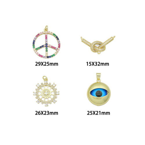 Colorful CZ Peace Sign Evil Eye Knot Connector Diamond Wheel Pendant charm, Sku#LK1280