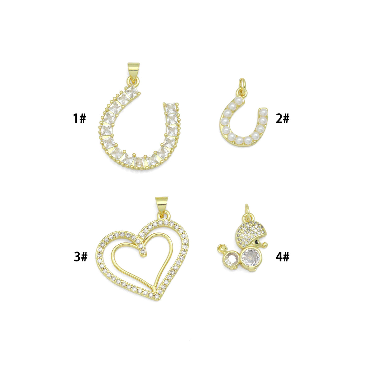 Gold Baguette CZ Horseshoe, Pearl Horseshoe, Double Heart, Mouse Charm Pendant, Sku#LK1295