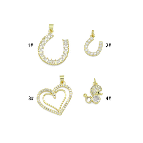 Gold Baguette CZ Horseshoe, Pearl Horseshoe, Double Heart, Mouse Charm Pendant, Sku#LK1295