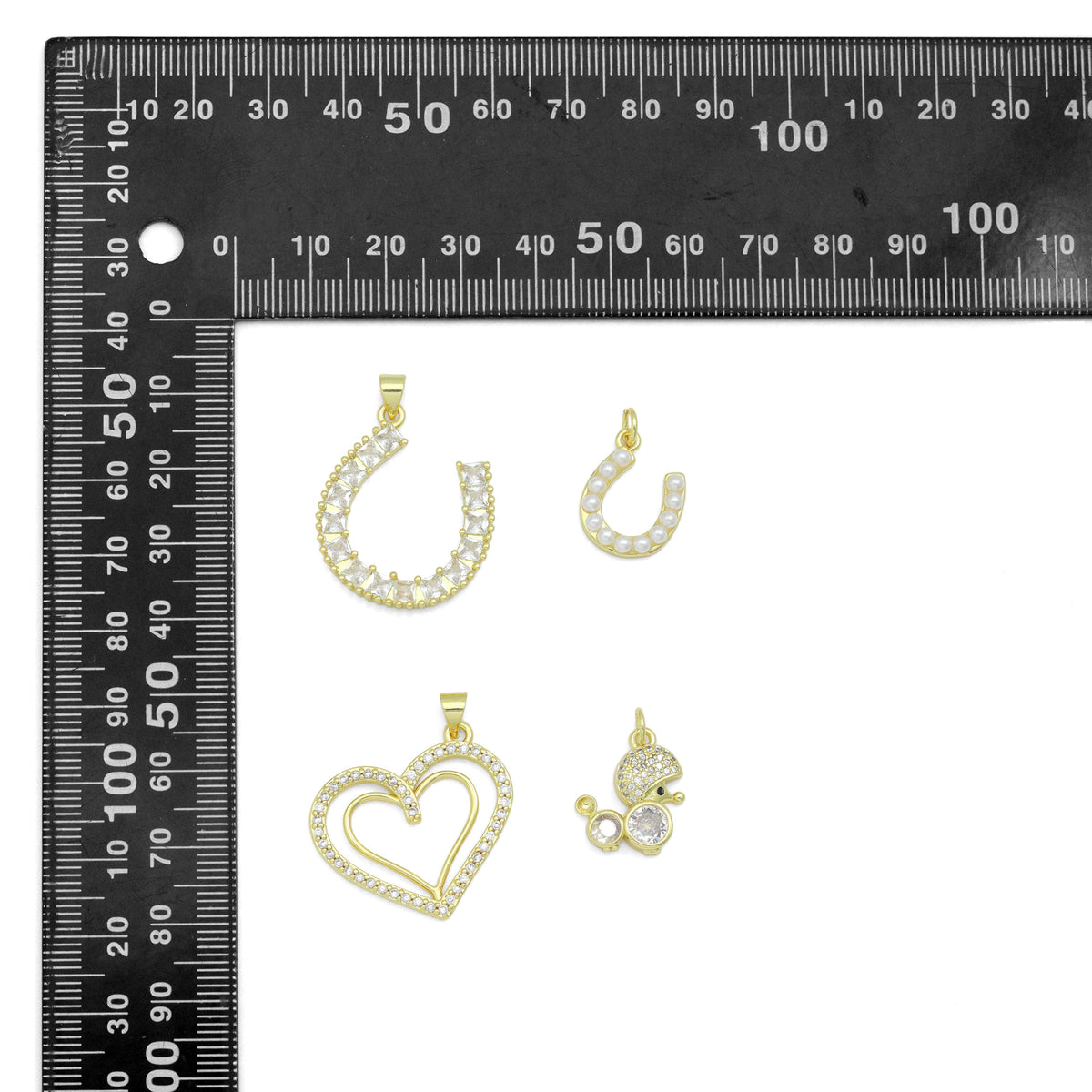 Gold Baguette CZ Horseshoe, Pearl Horseshoe, Double Heart, Mouse Charm Pendant, Sku#LK1295