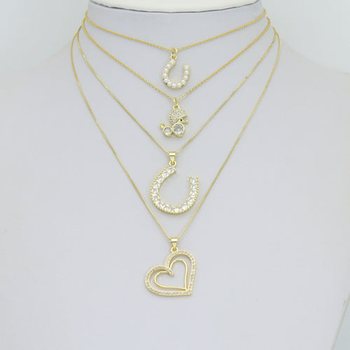Gold Baguette CZ Horseshoe, Pearl Horseshoe, Double Heart, Mouse Charm Pendant, Sku#LK1295