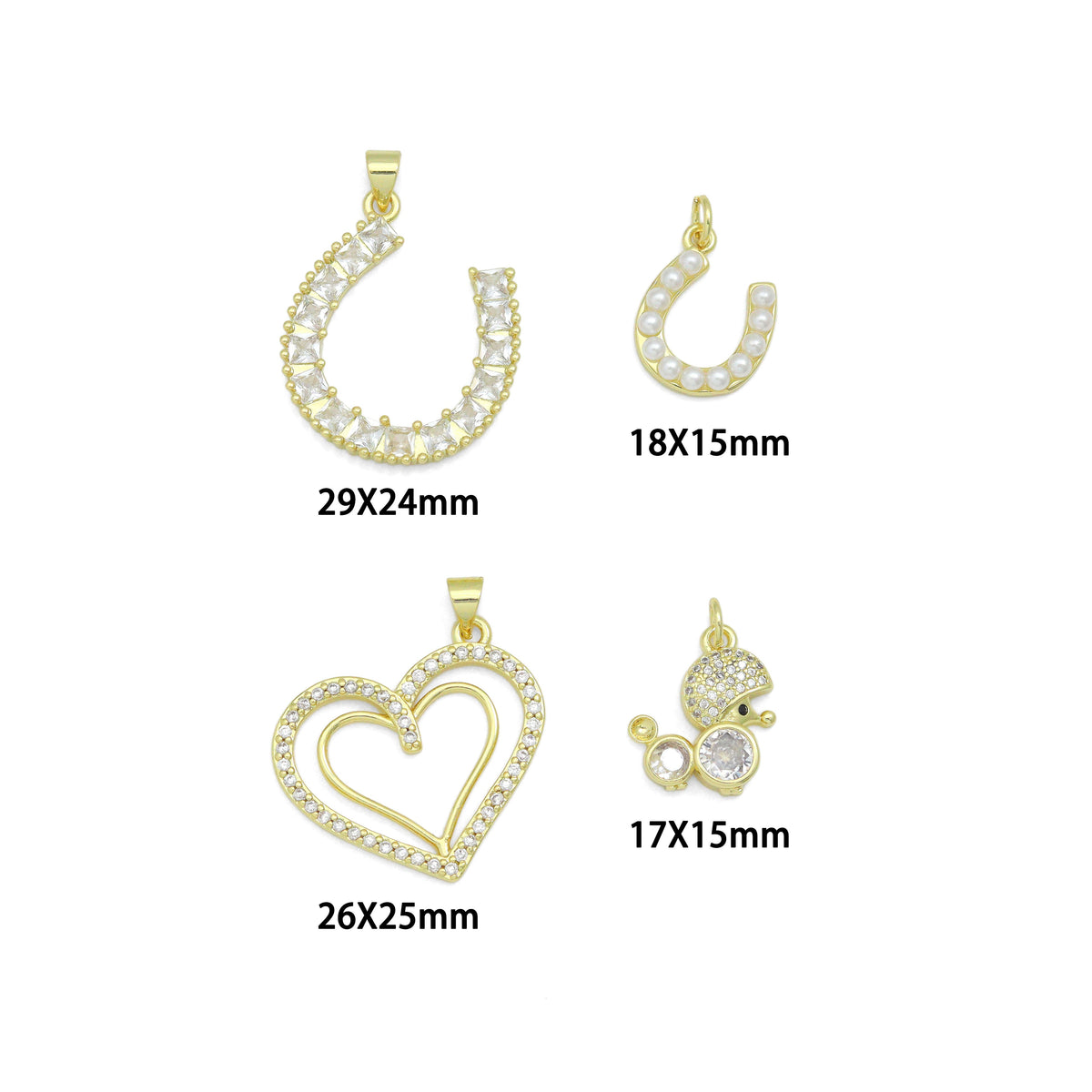 Gold Baguette CZ Horseshoe, Pearl Horseshoe, Double Heart, Mouse Charm Pendant, Sku#LK1295