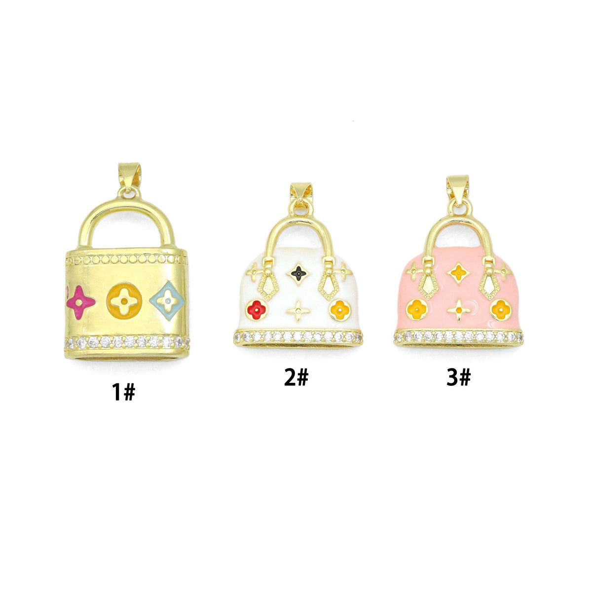 Gold Clear CZ flower Bag Purse Charm Pendant, Sku#LK1299