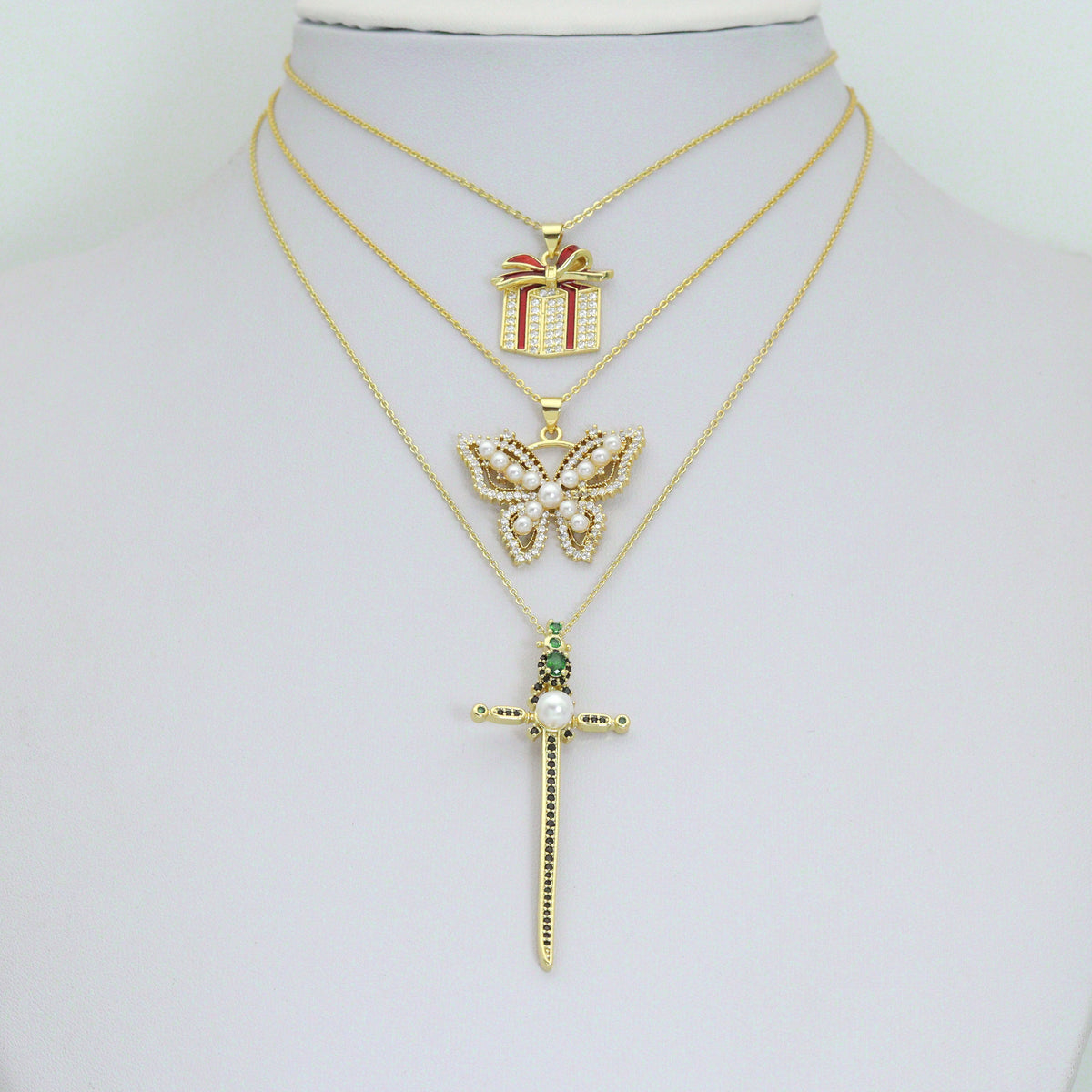 CZ Cross Gift Box Butterfly Charm Pendant, Sku#LK1301