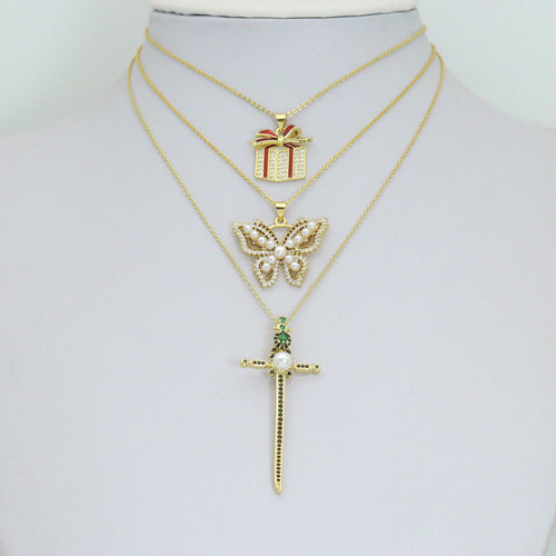 CZ Cross Gift Box Butterfly Charm Pendant, Sku#LK1301