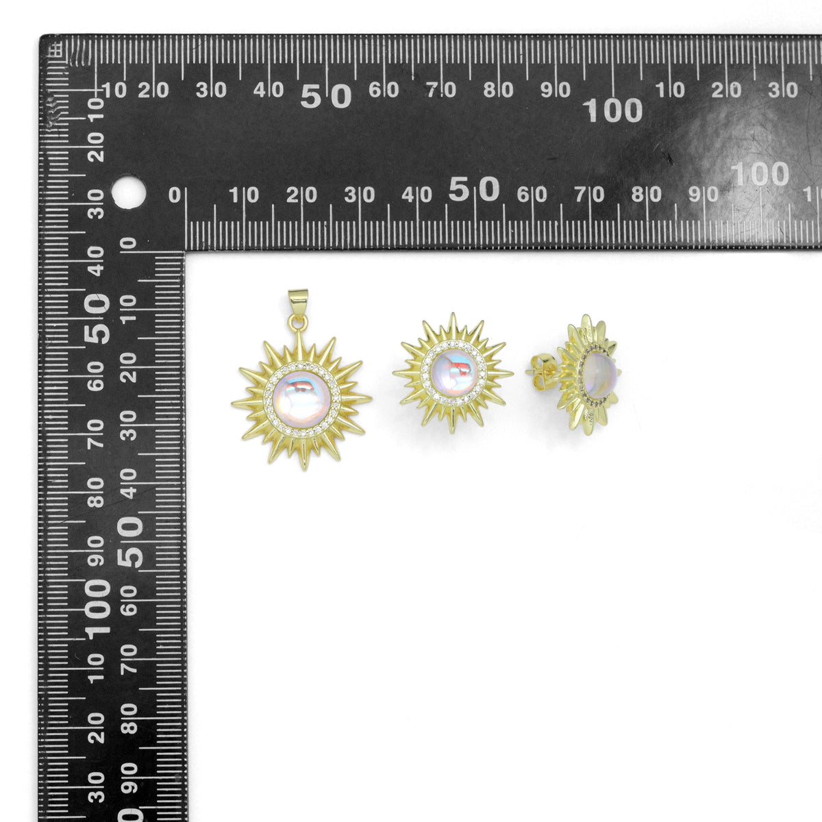 Clear CZ Gold Sunflower Moonstone Stud Earrings Pendant Charm, Sku#LK1303