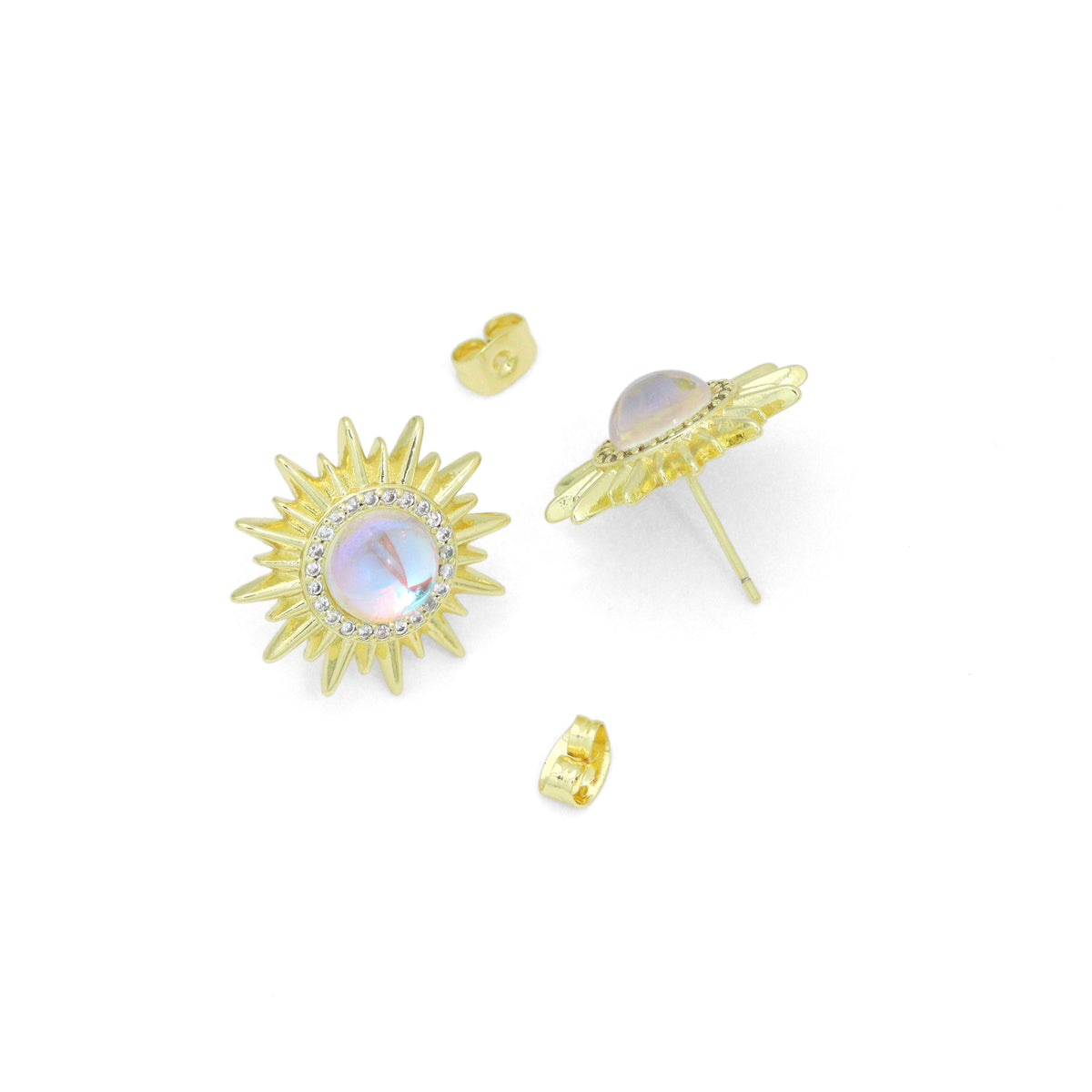 Clear CZ Gold Sunflower Moonstone Stud Earrings Pendant Charm, Sku#LK1303