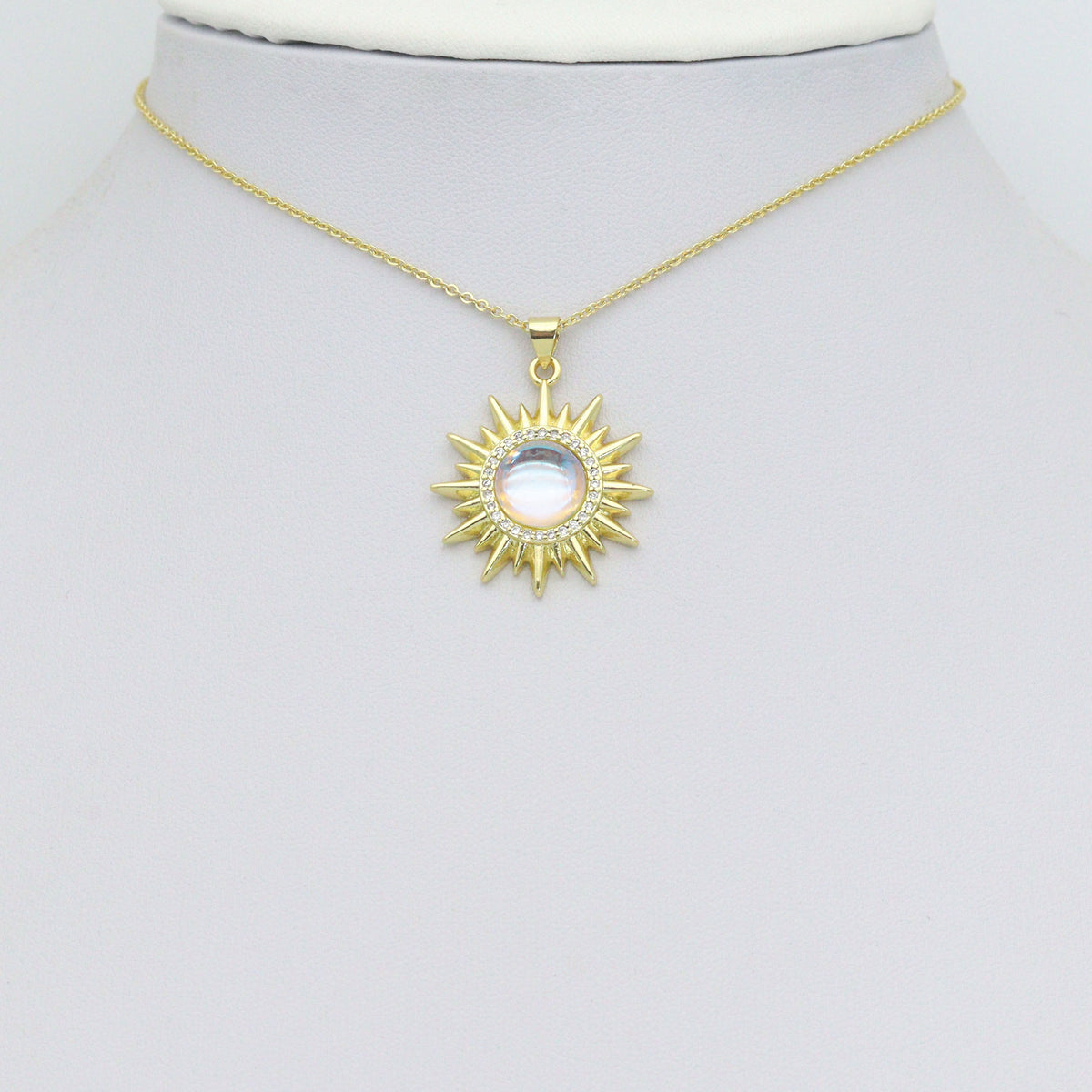 Clear CZ Gold Sunflower Moonstone Stud Earrings Pendant Charm, Sku#LK1303