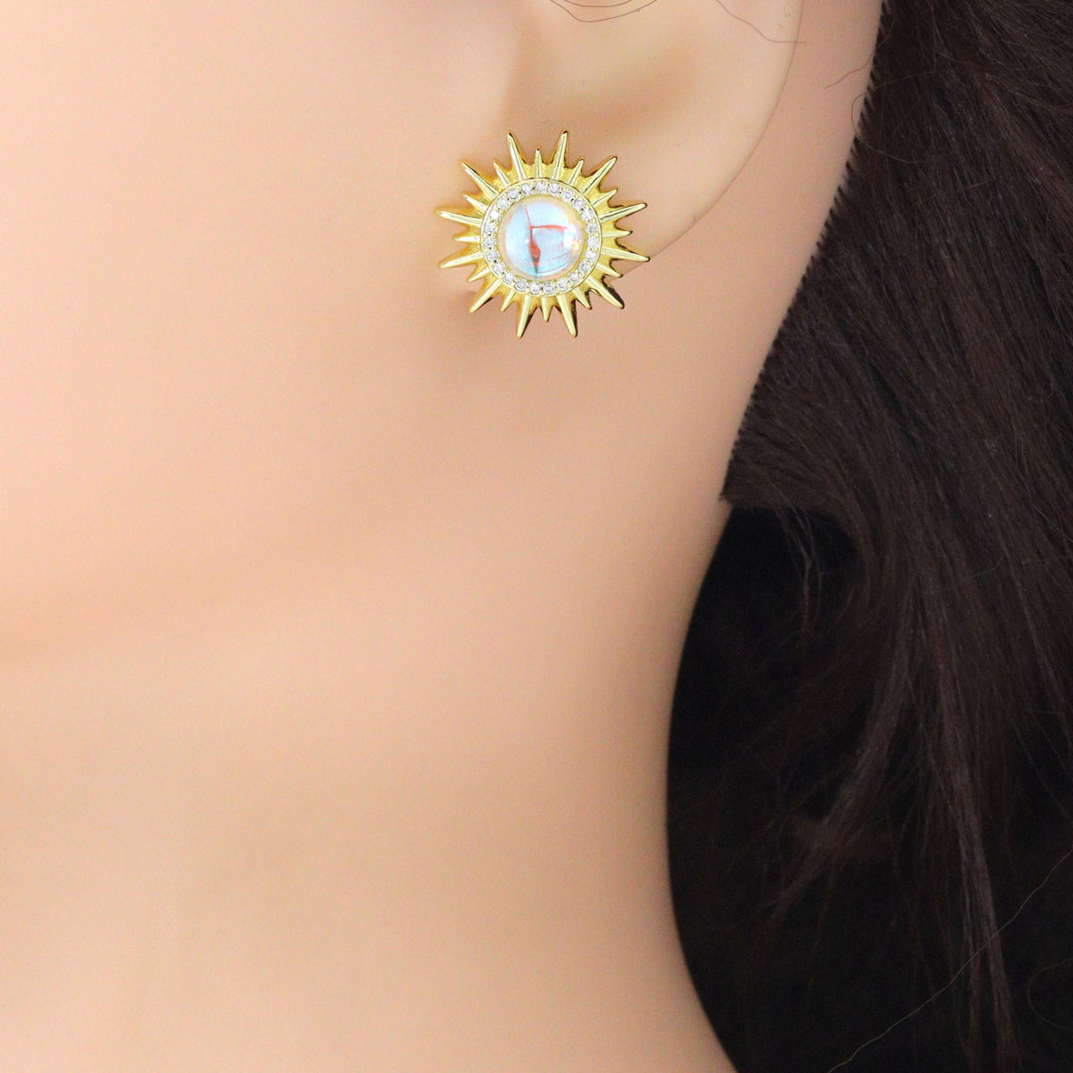 Clear CZ Gold Sunflower Moonstone Stud Earrings Pendant Charm, Sku#LK1303