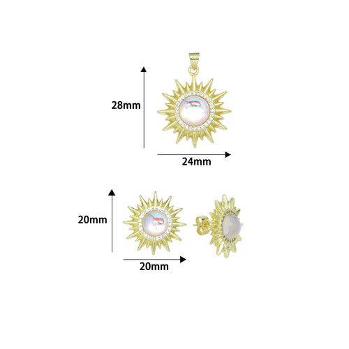 Clear CZ Gold Sunflower Moonstone Stud Earrings Pendant Charm, Sku#LK1303