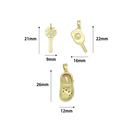 Clear CZ Gold Key Crocs Shoe pickleball racket Pendant charm , Sku#LX922