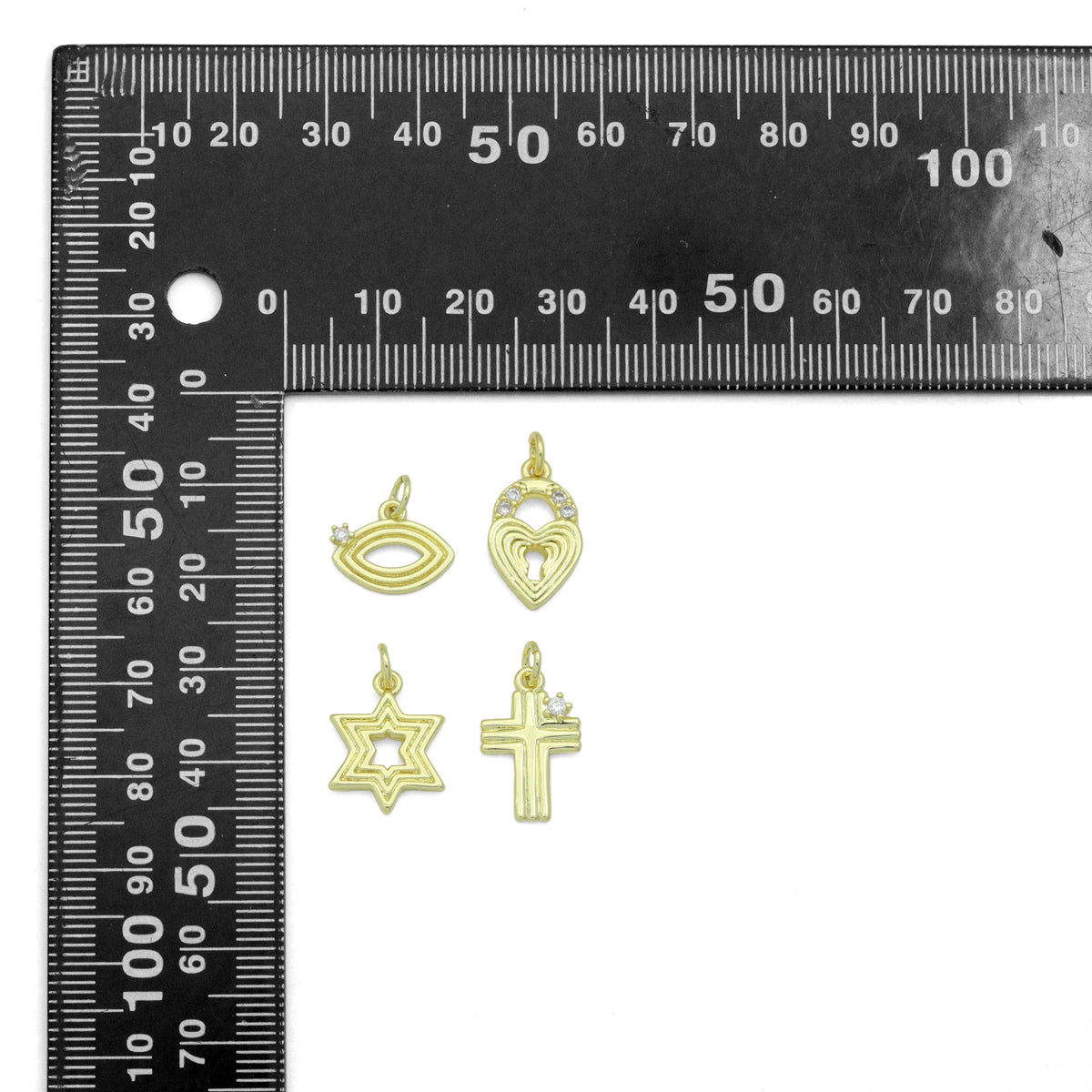 Clear CZ Gold Groovy Heart lock, Star of David, Cross EYE Shape Charm Pendant, Sku#LX940