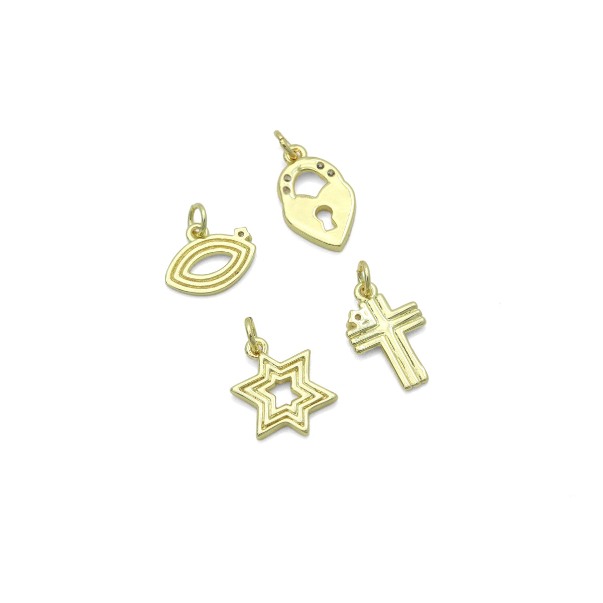 Clear CZ Gold Groovy Heart lock, Star of David, Cross EYE Shape Charm Pendant, Sku#LX940