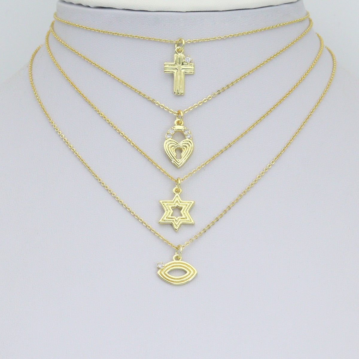 Clear CZ Gold Groovy Heart lock, Star of David, Cross EYE Shape Charm Pendant, Sku#LX940