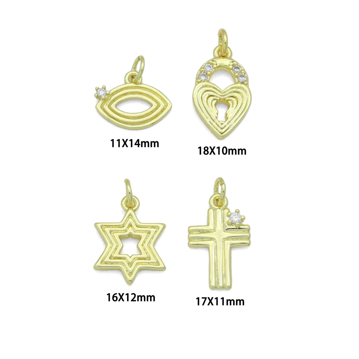 Clear CZ Gold Groovy Heart lock, Star of David, Cross EYE Shape Charm Pendant, Sku#LX940