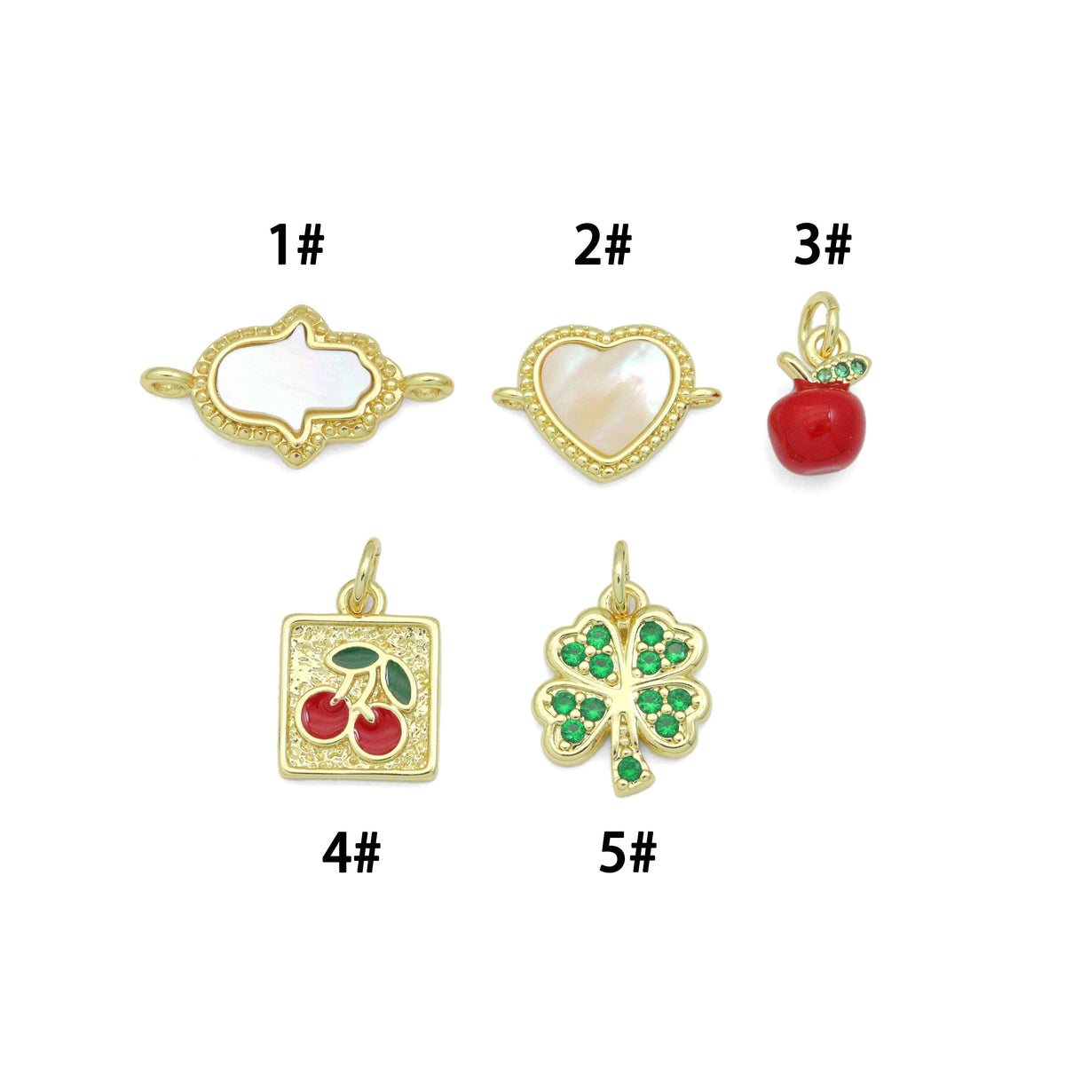 Mother of Pearl Hamsa Heart Connector charm, Red cherry charm, Green clover  Pendant, Sku#LX941