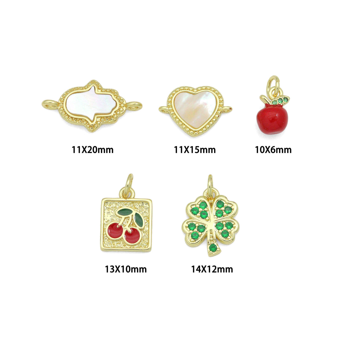 Mother of Pearl Hamsa Heart Connector charm, Red cherry charm, Green clover  Pendant, Sku#LX941
