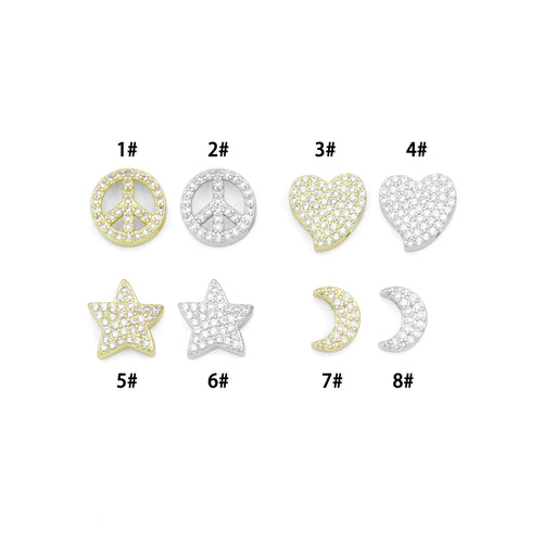 Clear CZ Gold Silver Heart Star Cresent Moon peace sign spacer beads Charm Pendant, Sku#LX945
