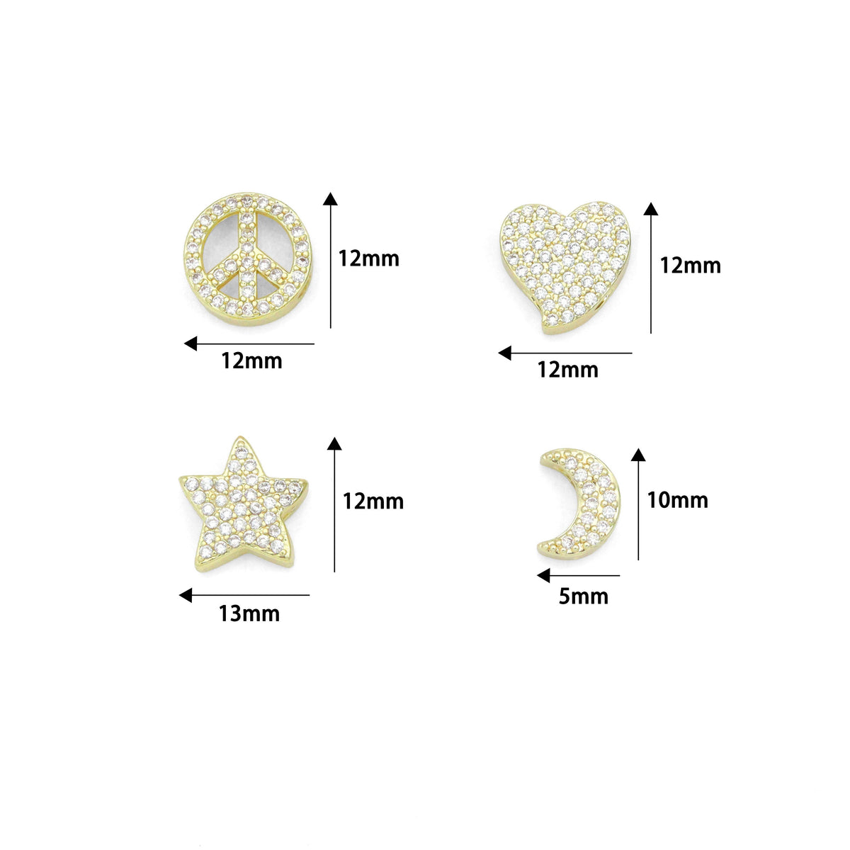 Clear CZ Gold Silver Heart Star Cresent Moon peace sign spacer beads Charm Pendant, Sku#LX945
